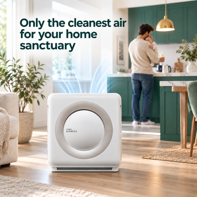 Only the cleanest air for your home sanctuary. A Coway air purifier in family room with dad in the kitchen making a bottle.