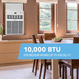 Perfect Aire 10,000 BTU Casement Window Air Conditioner in a room with a dining table and chairs, featuring 10,000 BTU text.