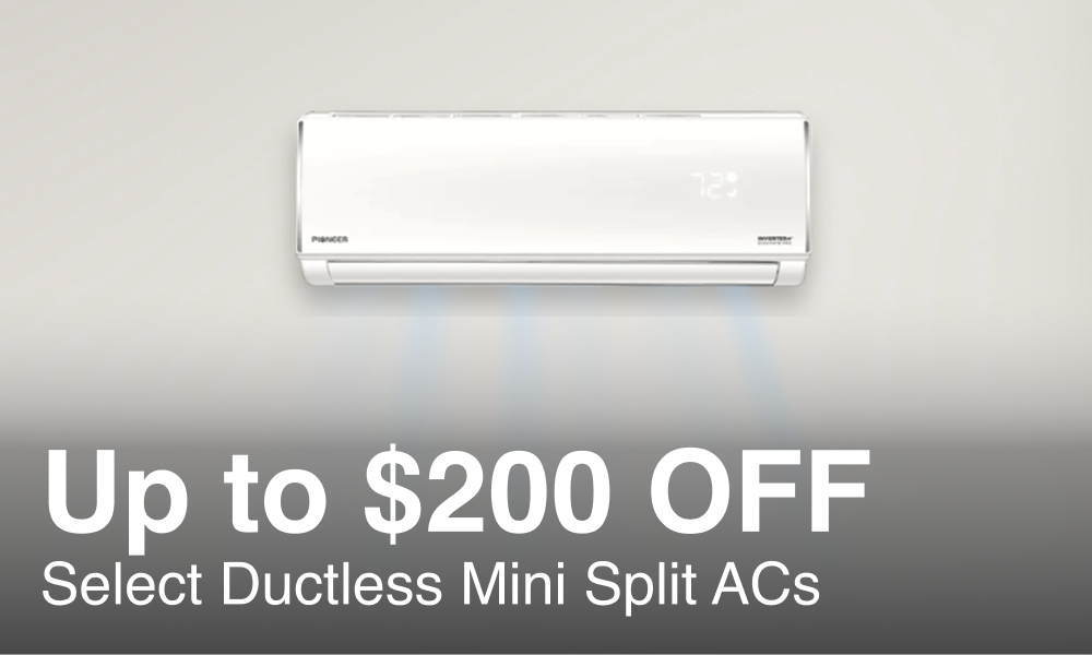 A white ductless mini split AC wall unit shown against a light gray background, with large promotional text below reading 'Up to $200 OFF Select Ductless Mini Split ACs'.
