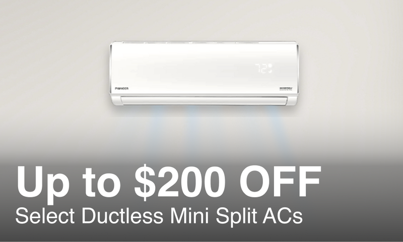 A white ductless mini split AC wall unit shown against a light gray background, with large promotional text below reading 'Up to $200 OFF Select Ductless Mini Split ACs'.