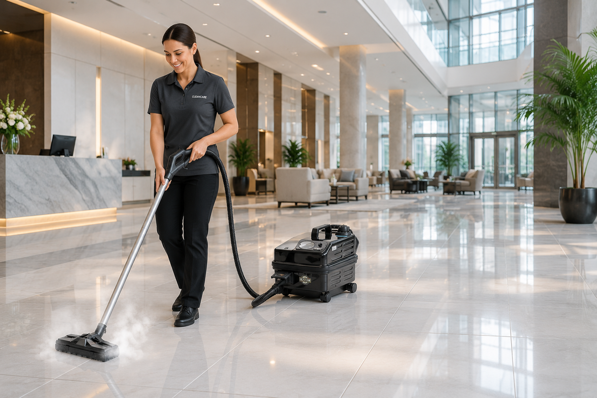 Person cleaning a large, shiny floor with the US Steam Eagle in a modern building lobby.
