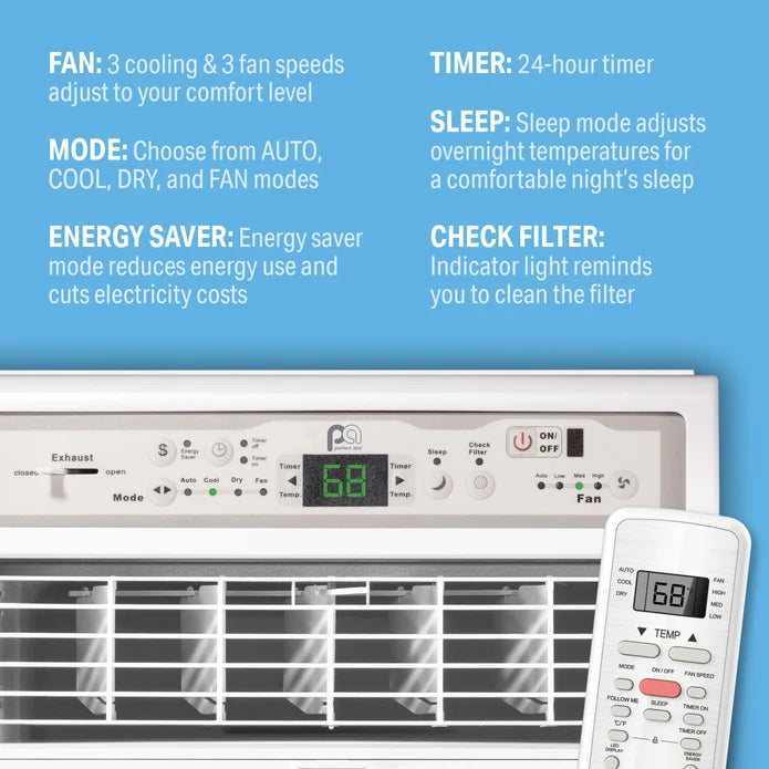 Perfect Aire 10,000 BTU Casement Window Air Conditioner benefits for fan, mode, energy saver, timer, sleep and check filter