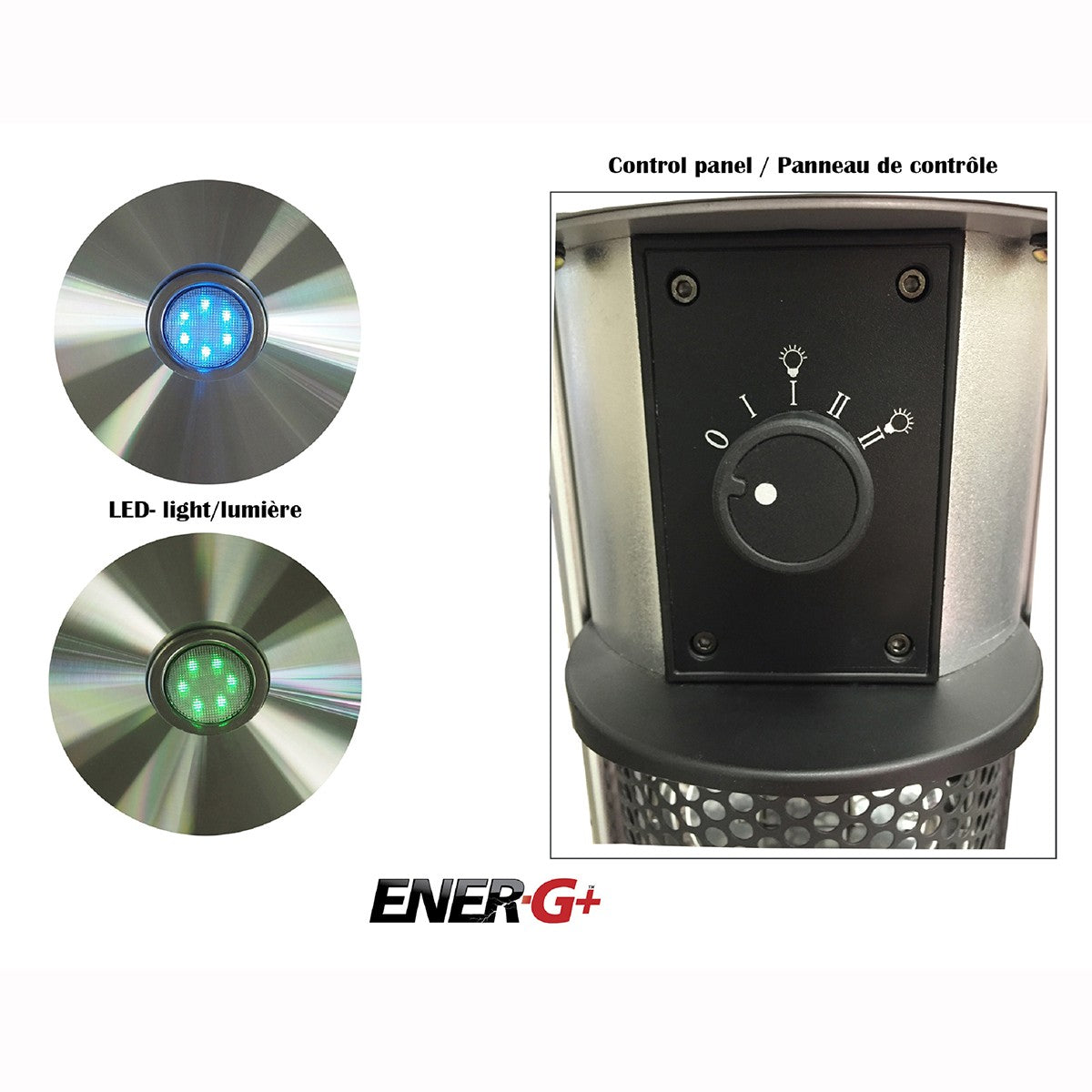 Ener-G+ Square Bistro-Style Infrared Table Heater - LED center table light and control panel.