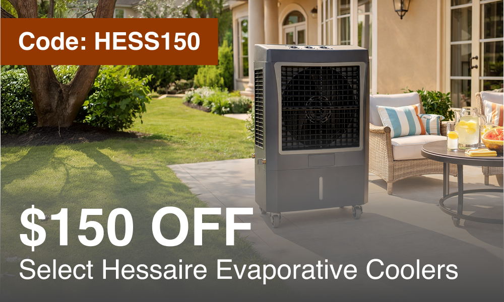 A gray portable evaporative cooler stands on a patio in front of a house, with promotional text reading 'Code: HESS100' and '$100 OFF Select HESSA Evaporative Coolers'.