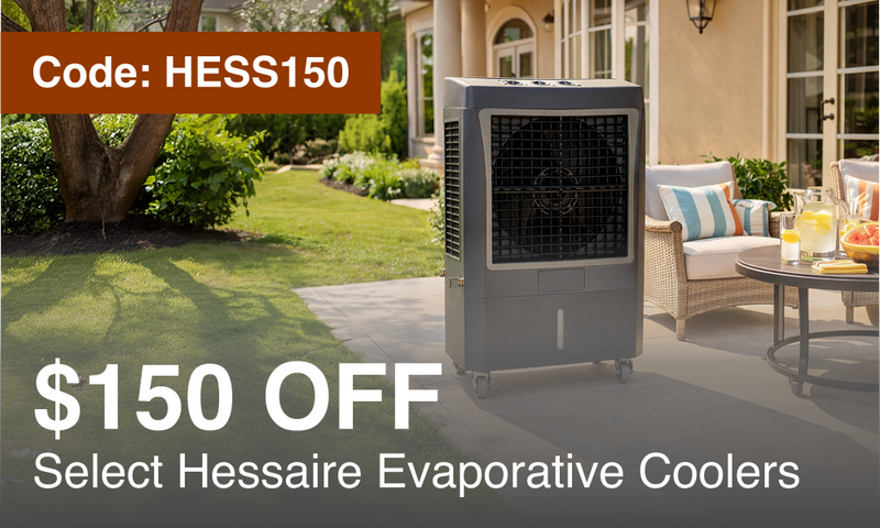 A gray portable evaporative cooler stands on a patio in front of a house, with promotional text reading 'Code: HESS100' and '$100 OFF Select HESSA Evaporative Coolers'.
