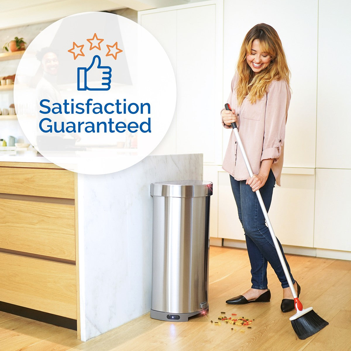 EyeVac+ Touchless Sensor Trash Can With Vacuum – 13 Gal, Automatic Floor Cleanup, Silver