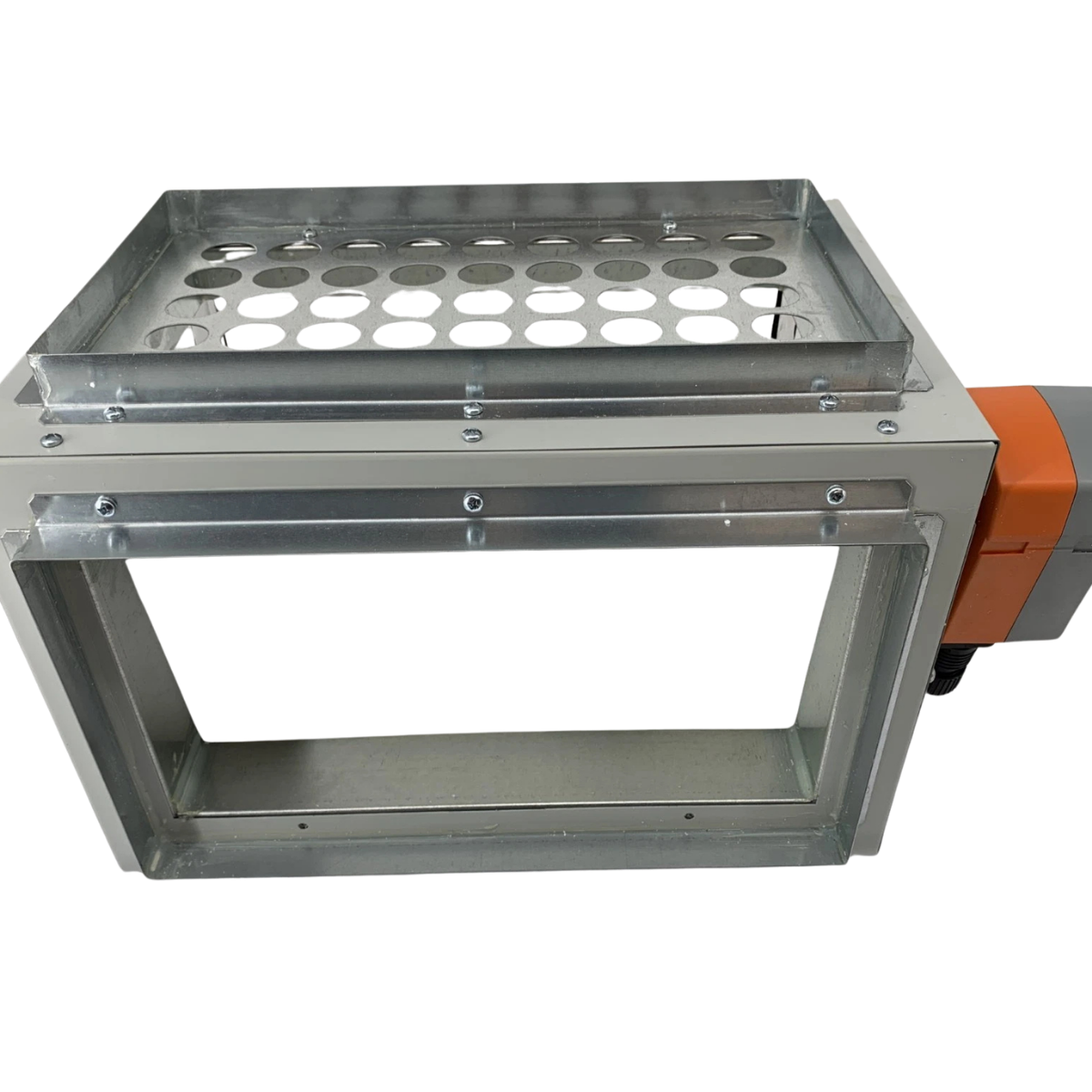 A galvanized steel duct junction box with a perforated top plate and an orange mechanical component attached on the right side, shown against a plain white background.