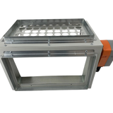 A galvanized steel duct junction box with a perforated top plate and an orange mechanical component attached on the right side, shown against a plain white background.