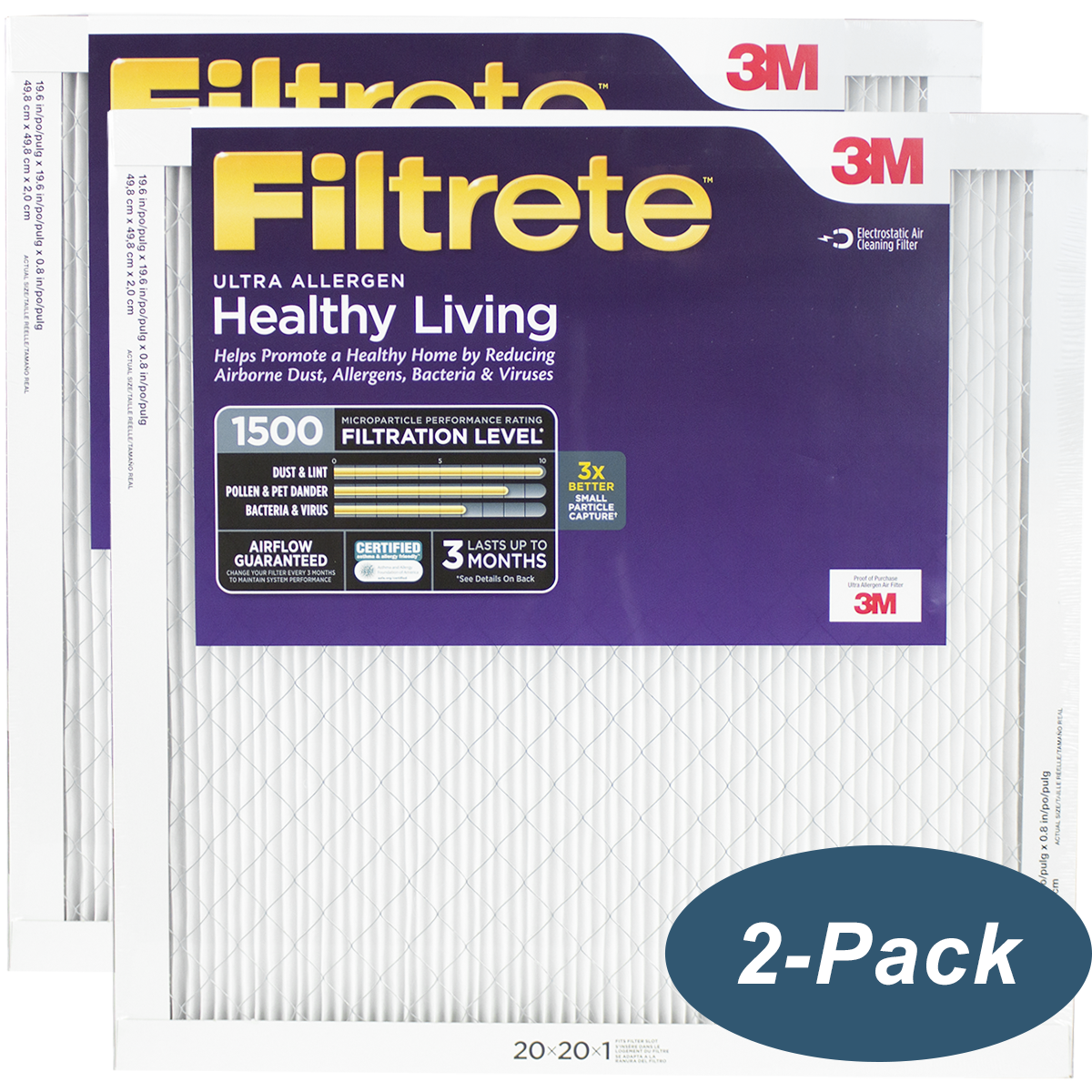 3M Filtrete Healthy Living 1500 MPR Ultra Allergen Reduction Filters 20x20x1 2-PACK