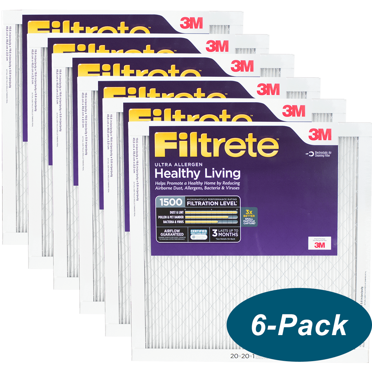 3M Filtrete Healthy Living 1500 MPR Ultra Allergen Reduction Filters 20x20x1 6-PACK