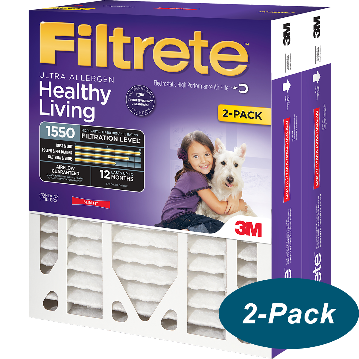 3M Filtrete 1550 MPR 4-Inch Ultra Allergen Reduction Slim-Fit Filters - 2-Pack