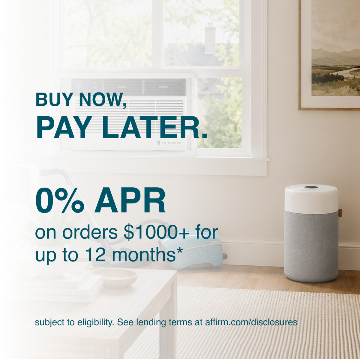Living room with a window, furniture, and promotional text about free financing options.