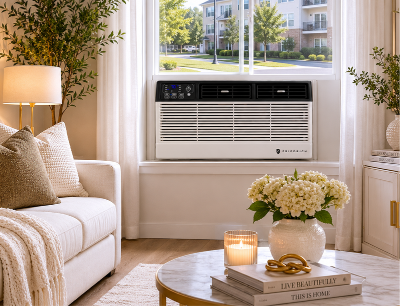Friedrich window air conditioner in a living room.