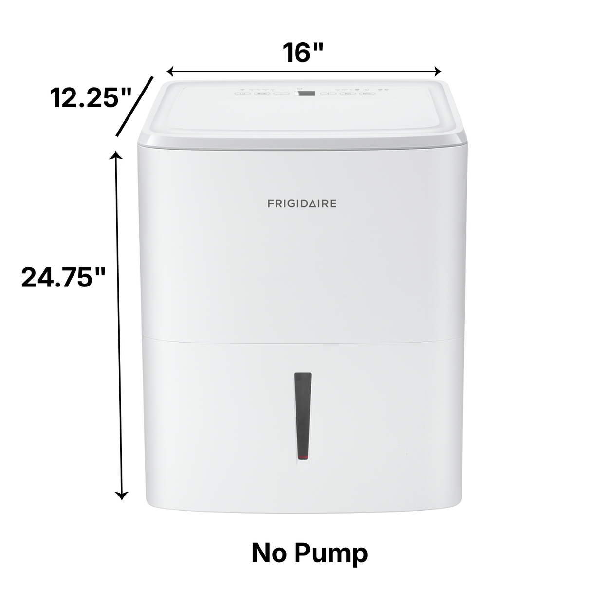 Frigidaire high humidity 50 pt white dehumidifier with dimensions labeled for no pump option at 16"x12.25"x24.75"