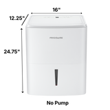 Frigidaire high humidity 50 pt white dehumidifier with dimensions labeled for no pump option at 16"x12.25"x24.75"