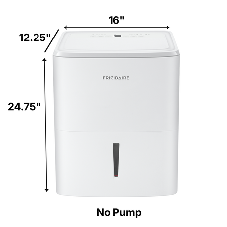 Frigidaire high humidity 50 pt white dehumidifier with dimensions labeled for no pump option at 16"x12.25"x24.75"
