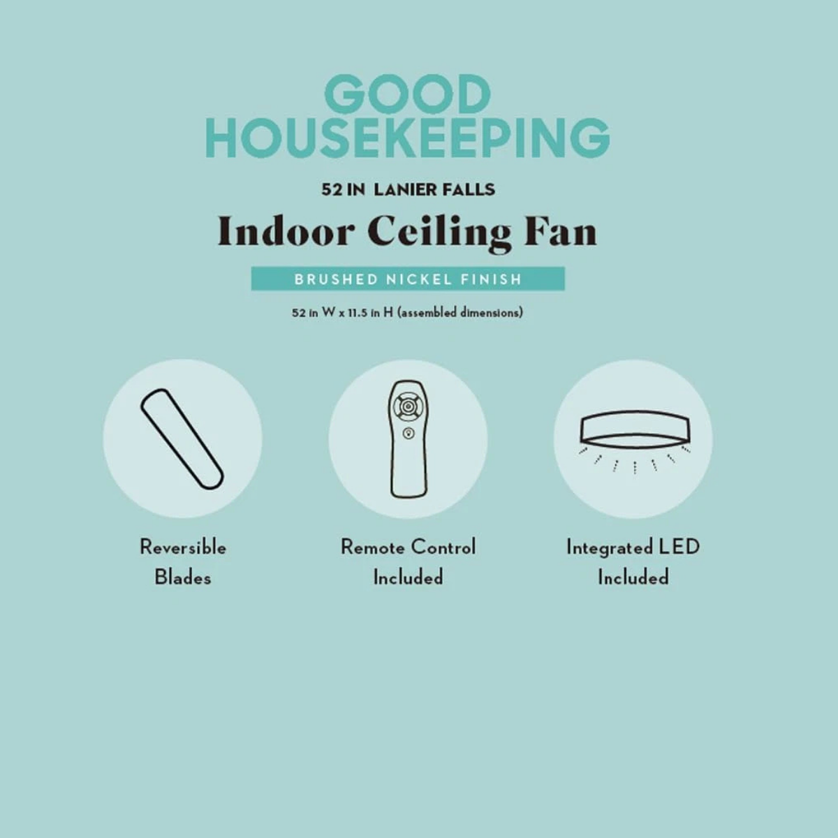 Good Housekeeping Lanier Falls 52 in. Indoor Brushed Nickel Ceiling Fan with LED Light - Infographic 1