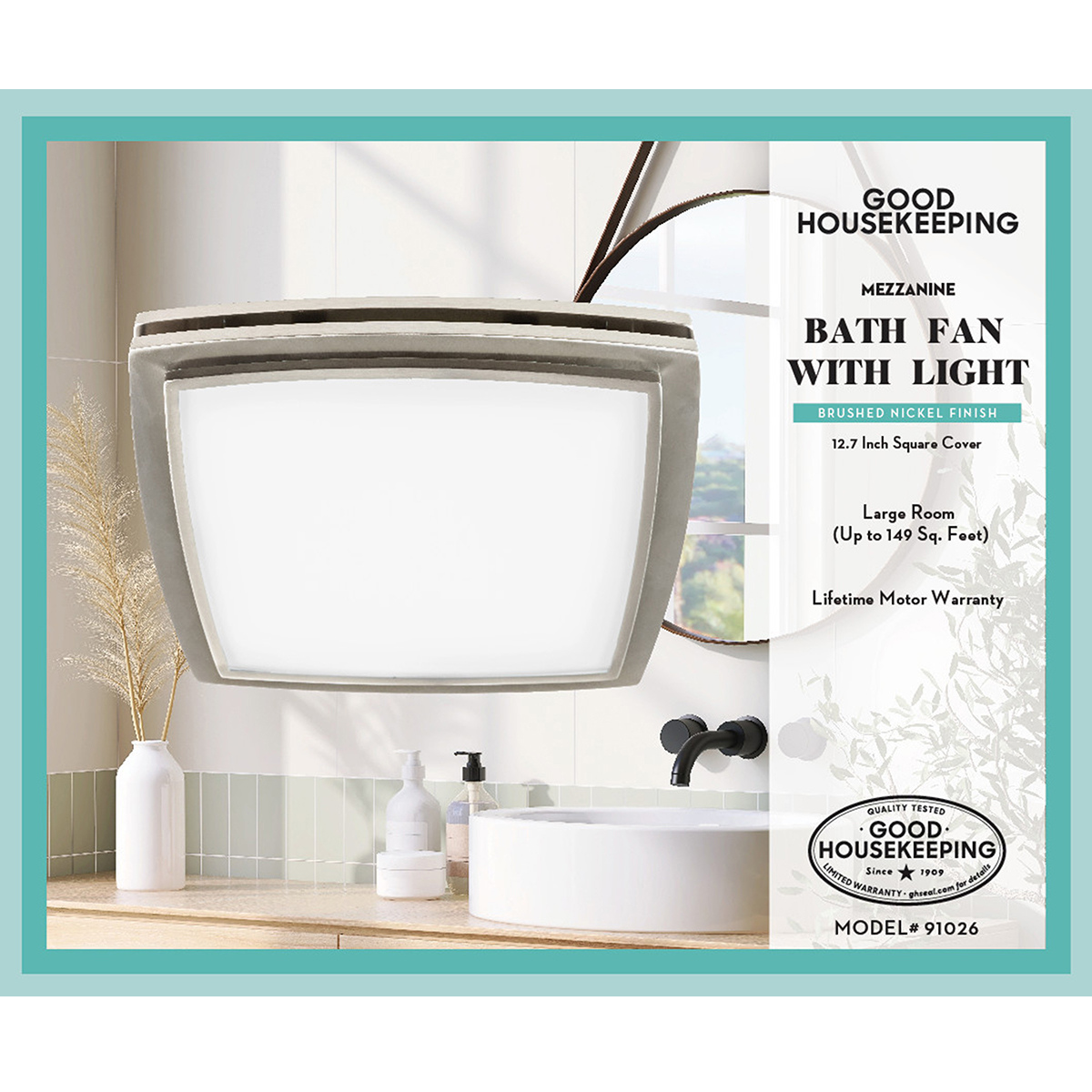 Good Housekeeping Mezzanine 100 CFM Bathroom Exhaust Fan with LED Light Brushed Nickel - Infographic 1