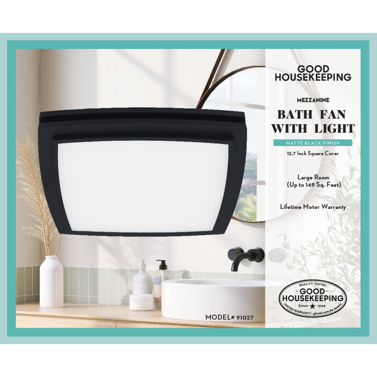 Good Housekeeping Mezzanine 100 CFM Bathroom Exhaust Fan with LED Light Black Matte - Infographic 1