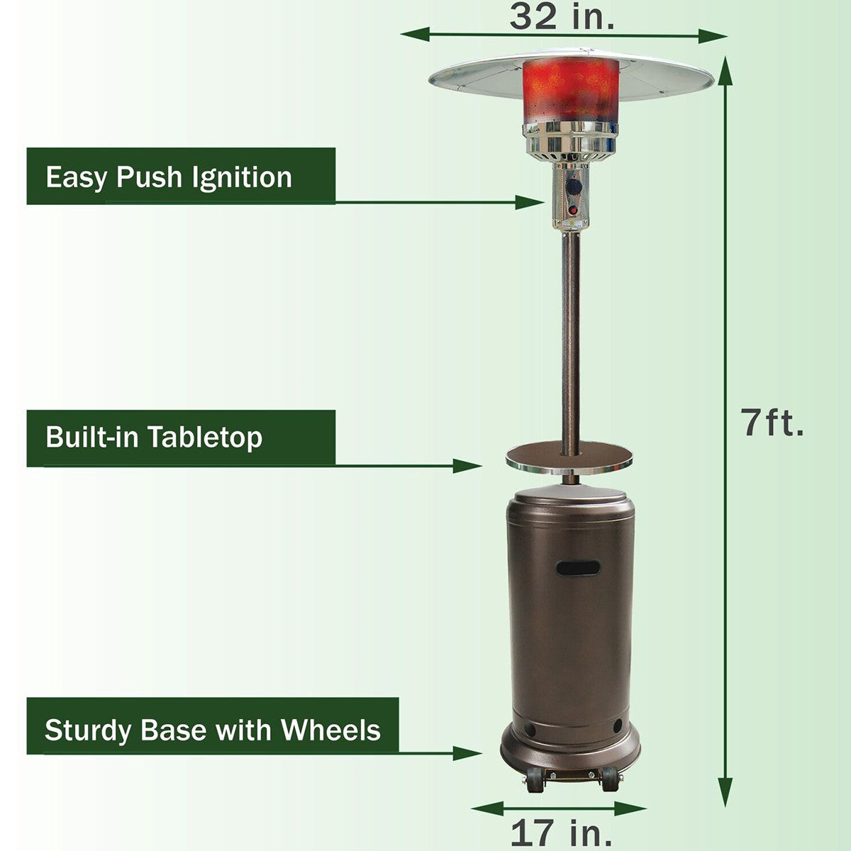 Hanover HAN001BR 48,000 BTU Umbrella Propane Patio Heater - Hammered Bronze features easy push ignition, built-in tabletop, and base with wheels.