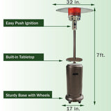 Hanover HAN001BR 48,000 BTU Umbrella Propane Patio Heater - Hammered Bronze features easy push ignition, built-in tabletop, and base with wheels.