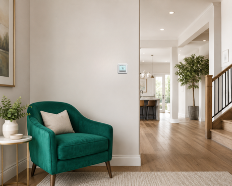 Honeywell Home T6 Pro Programmable Thermostat on the wall behind green armchair in a modern living room.