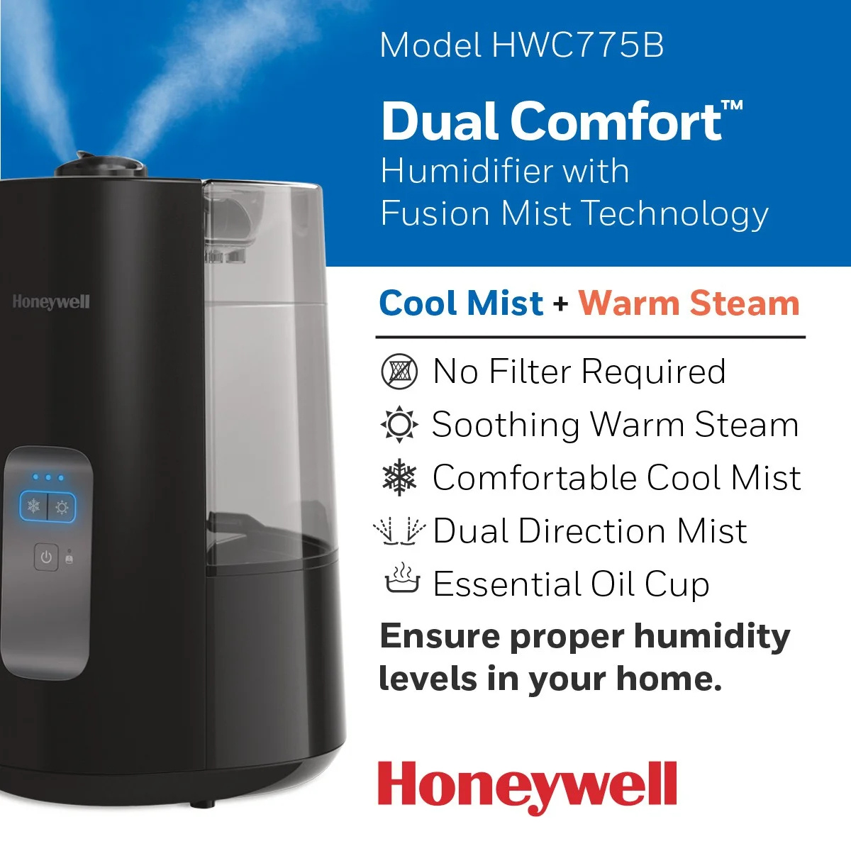 Honeywell Dual Comfort HWC775 1.5 Gal. Warm & Cool Mist Humidifier Black - Infographic 1