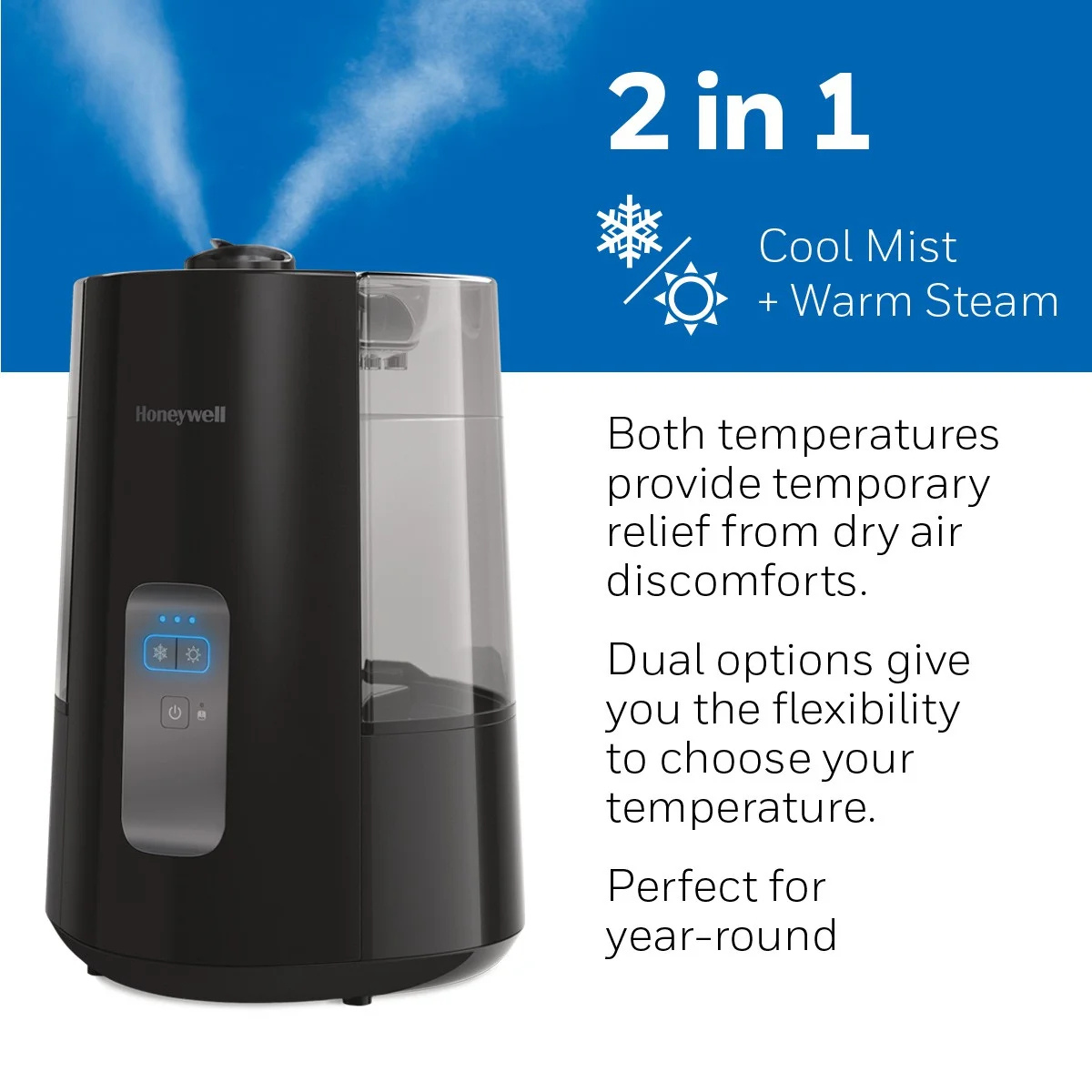 Honeywell Dual Comfort HWC775 1.5 Gal. Warm & Cool Mist Humidifier Black - Infographic 3