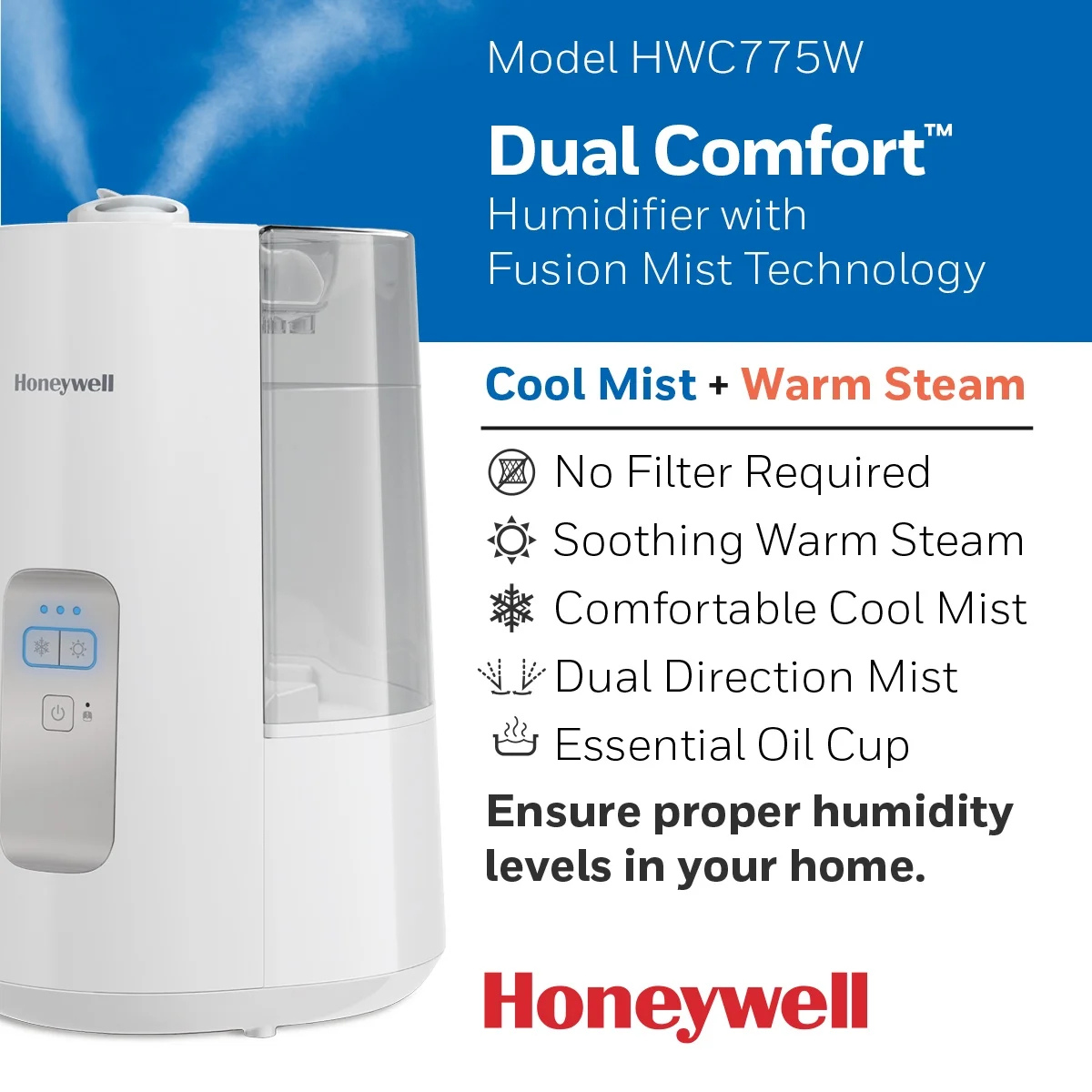 Honeywell Dual Comfort HWC775 1.5 Gal. Warm & Cool Mist Humidifier White - Infographic 1