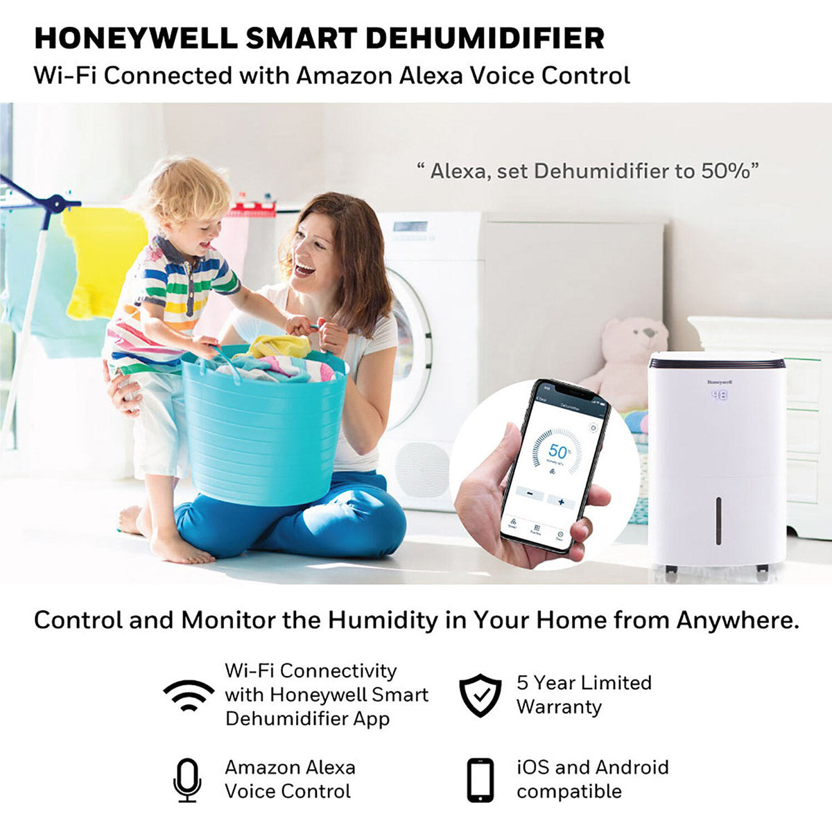 Honeywell 70 Pint Energy Star Dehumidifier - Alexa Enabled Graphic