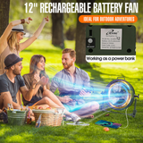 People sitting outdoors with a 12-inch rechargeable battery fan, ideal for outdoor adventures.