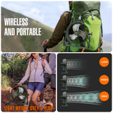Portable fan attached to a backpack with hiking scenes and fan settings displayed.