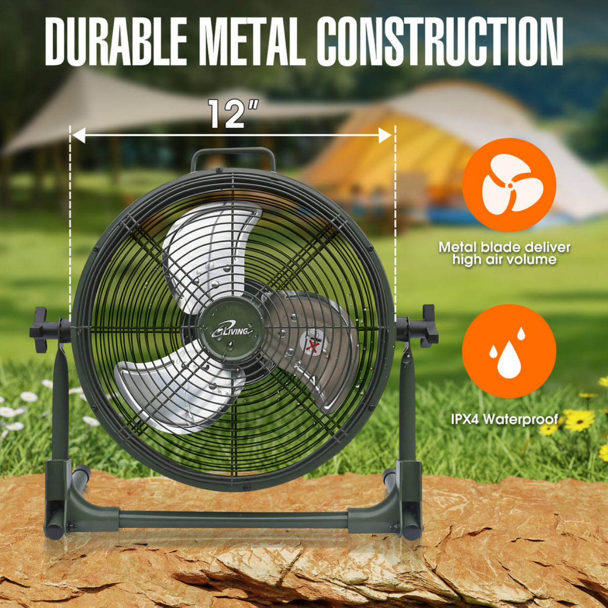 Outdoor fan with durable metal construction features on a natural background