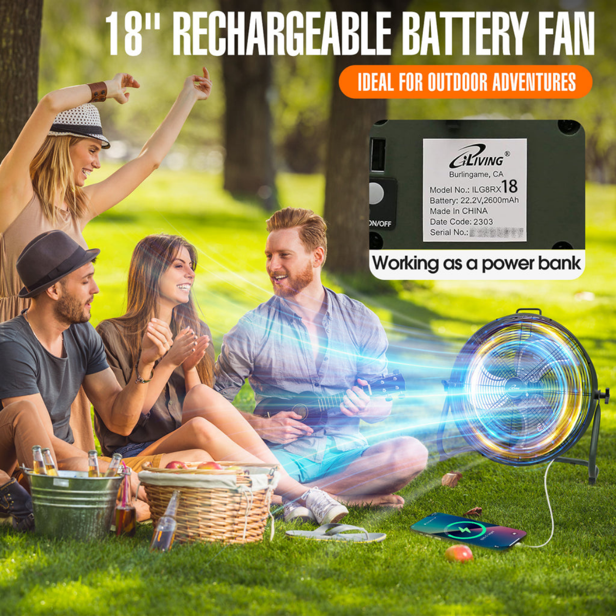 18-inch rechargeable battery fan with power bank function, ideal for outdoor adventures, shown in a park setting.