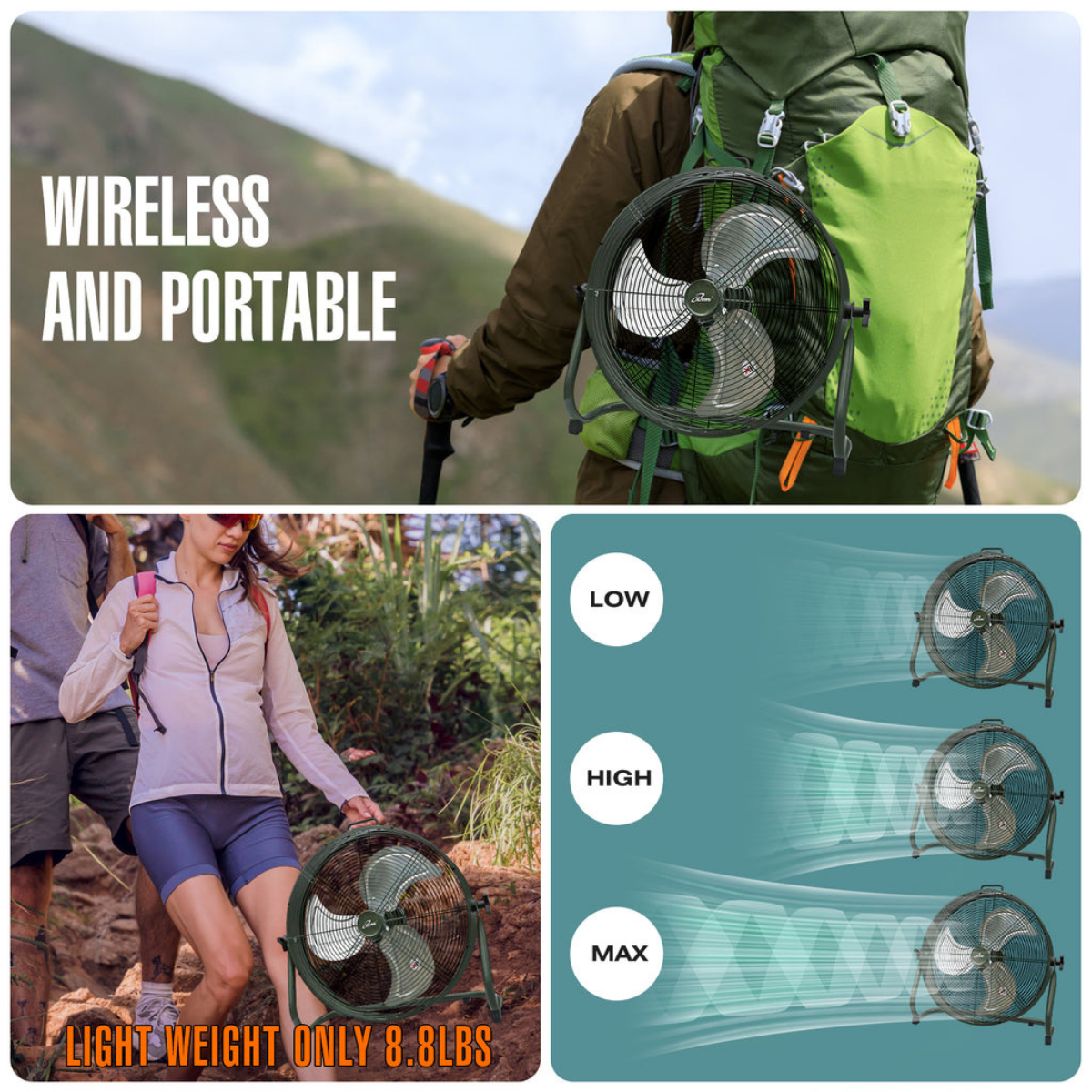 Portable fan with hiking backpack and user outdoors, with fan speed settings shown.