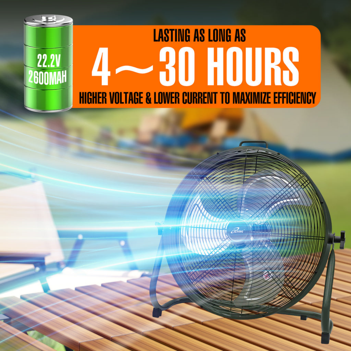 Battery pack with specifications and a fan on a wooden surface with a blurred outdoor background.