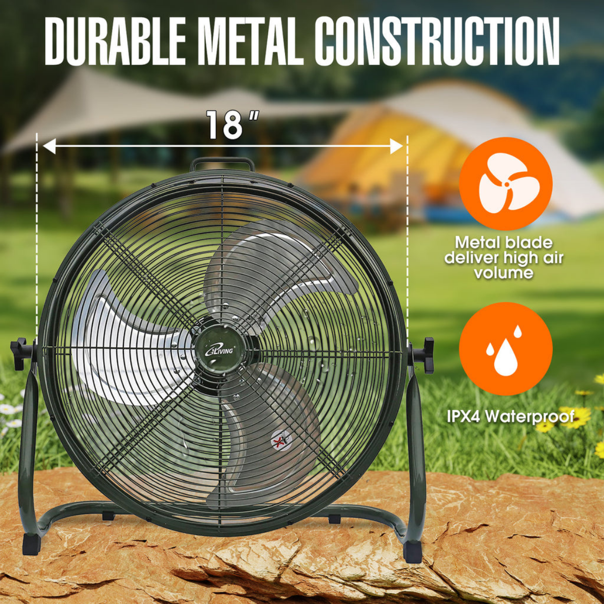 Outdoor fan with durable metal construction, shown with camping background and features