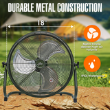 Outdoor fan with durable metal construction, shown with camping background and features