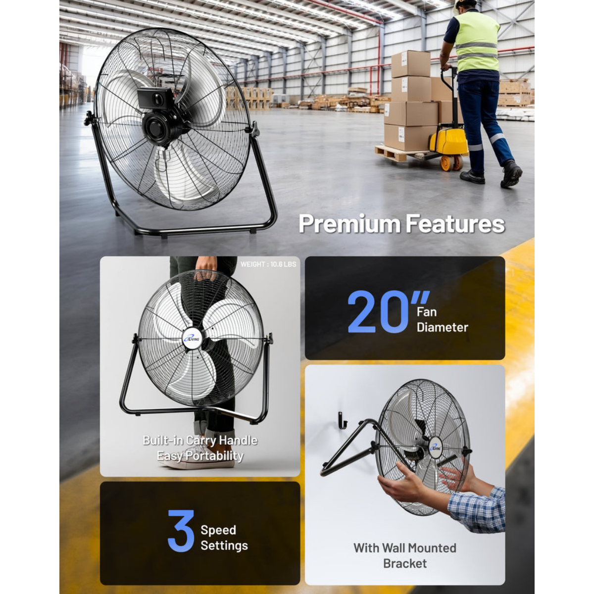 iLiving ILG8F20 20-In 3 Speed Heavy Duty Floor & Wall Mount Fan - Infographic 4