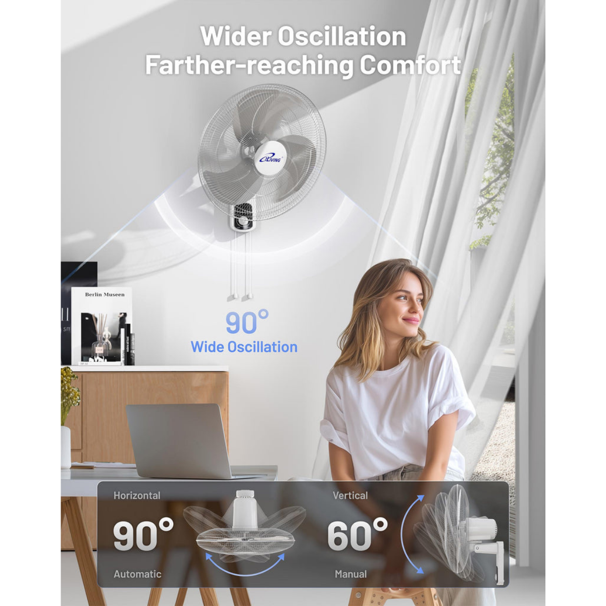 iLiving ILG8IN18X Glow 18-In 3 Speed Oscillating Wall Mount Fan - Infographic 2