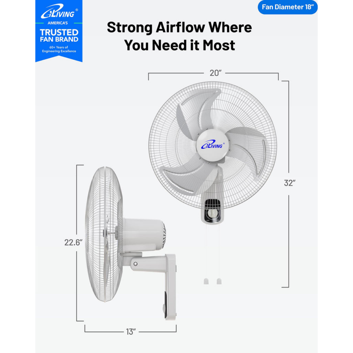 iLiving ILG8IN18X Glow 18-In 3 Speed Oscillating Wall Mount Fan - Infographic 8