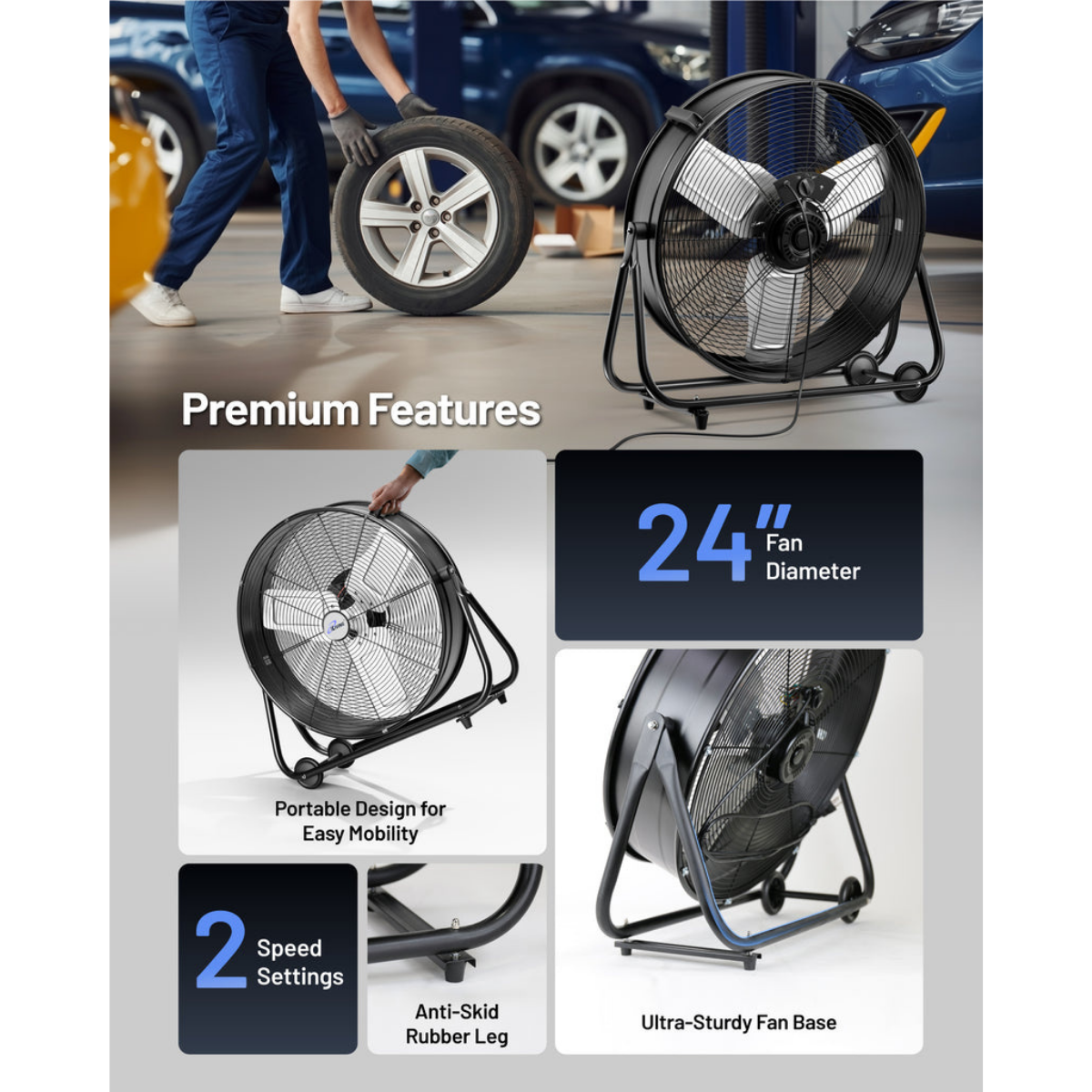 iLiving ILG8MF24-77 24-In 2 Speed 7700 CFM Portable High Velocity Industrial/Commercial Drum Fan - Infographic 4