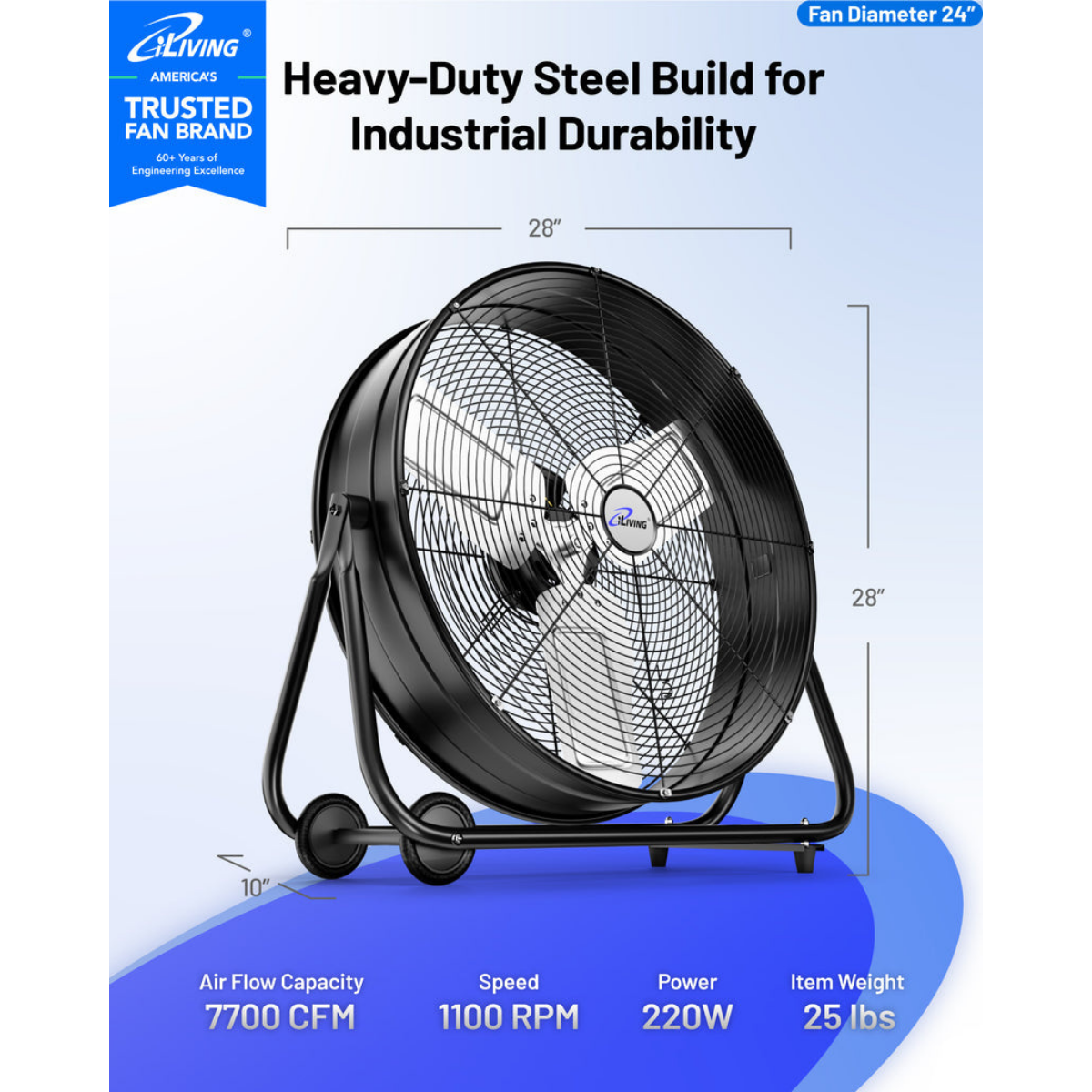 iLiving ILG8MF24-77 24 in. 2 Speed 7700 CFM Portable High Velocity Industrial/Commercial Drum Fan