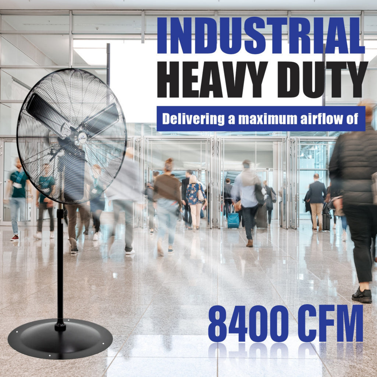 iLiving ILG8P31-93 30-In 3 Speed 8400 CFM Adjustable Height Commercial Oscillating Pedestal Fan - Infographic 1