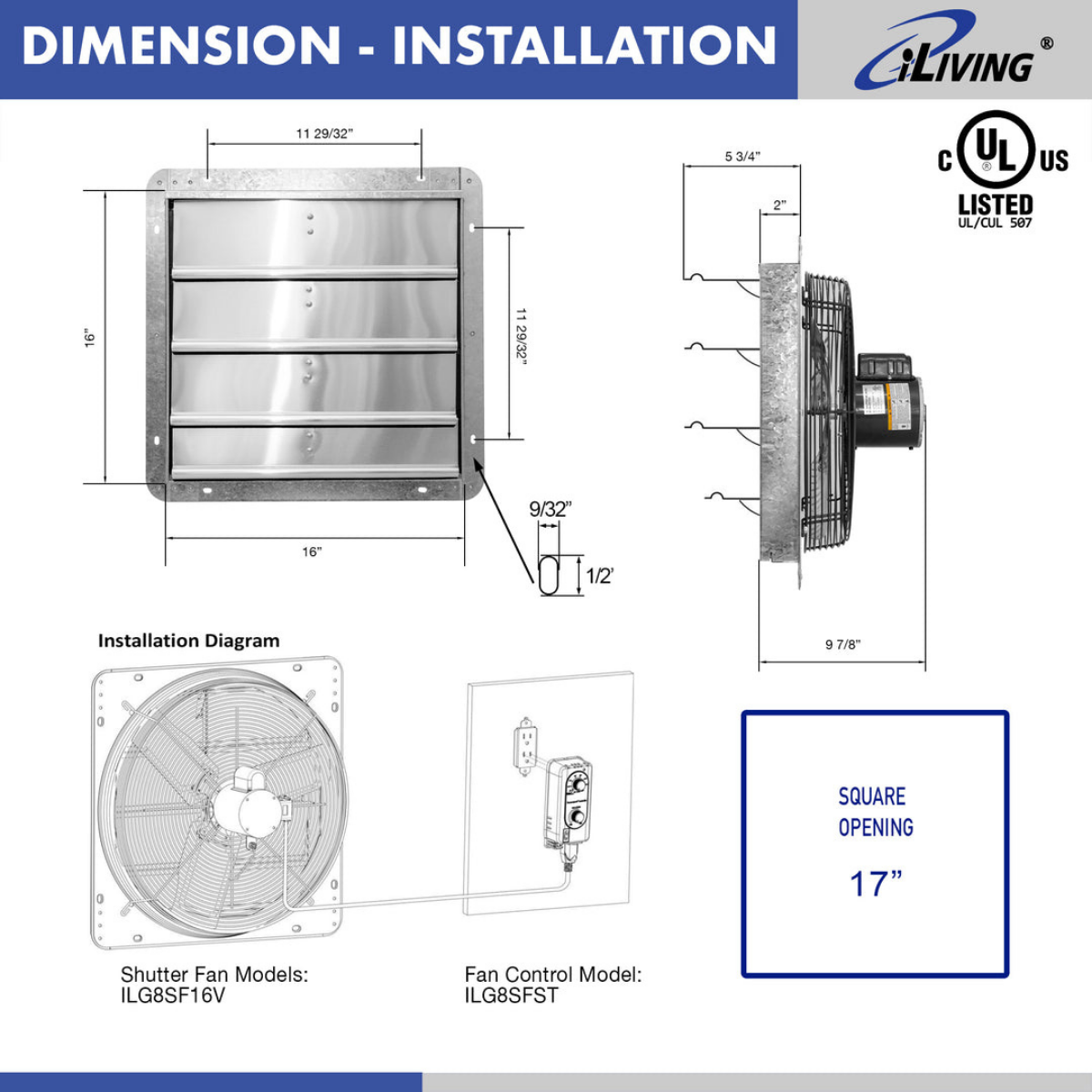iLiving ILG8SFV-ST Shutter Exhaust Fan 16-in - Dimensions