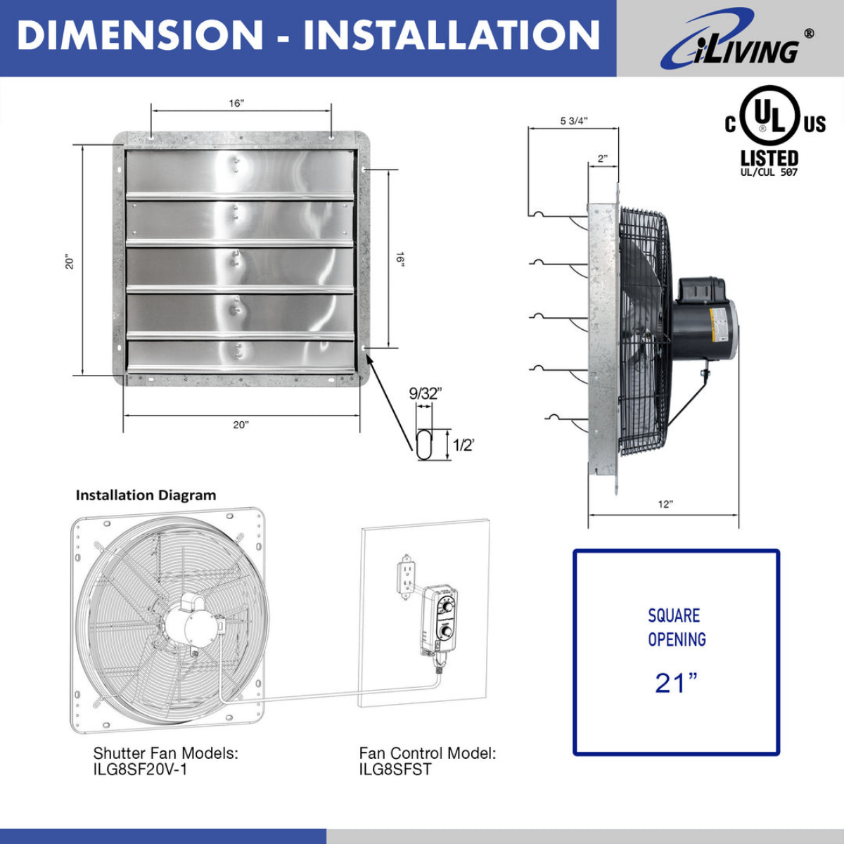 iLiving ILG8SFV-ST Shutter Exhaust Fan 20-in - Dimensions