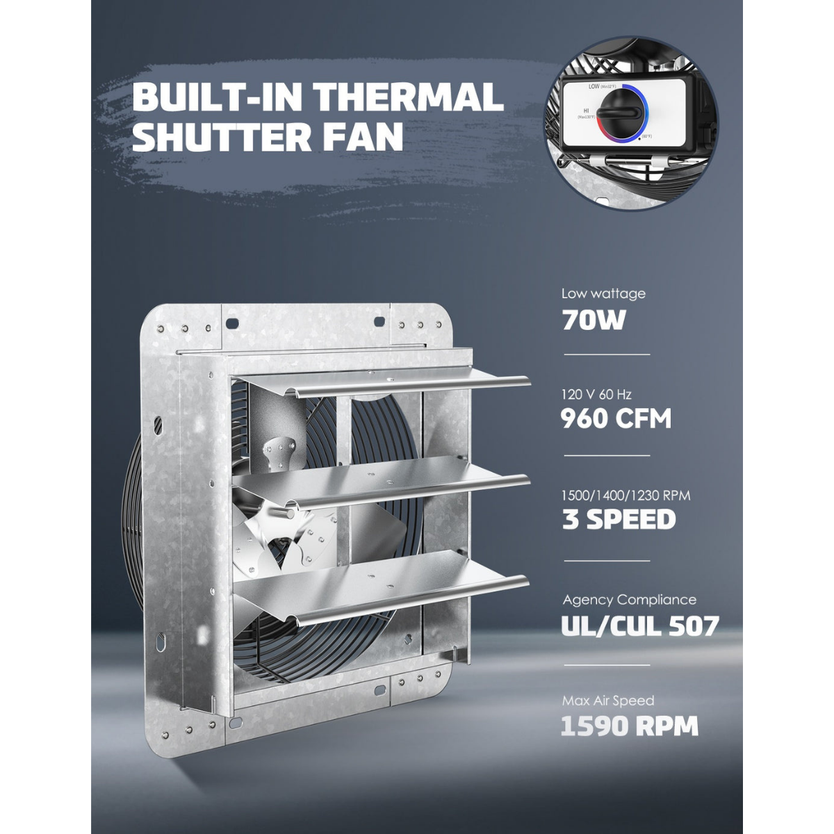 iLiving ILG8SFV-T with Speed Thermostat Control Shutter Exhaust Fan 12-in - Dimensions
