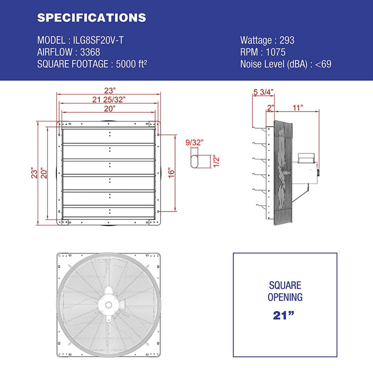 iLiving ILG8SFV-T with Speed Thermostat Control Shutter Exhaust Fan 20-in - Dimensions