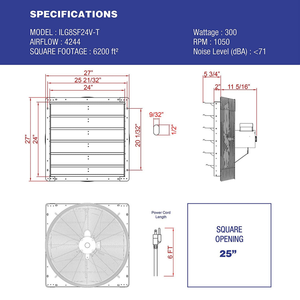 iLiving ILG8SFV-T with Speed Thermostat Control Shutter Exhaust Fan 24-in - Dimensions