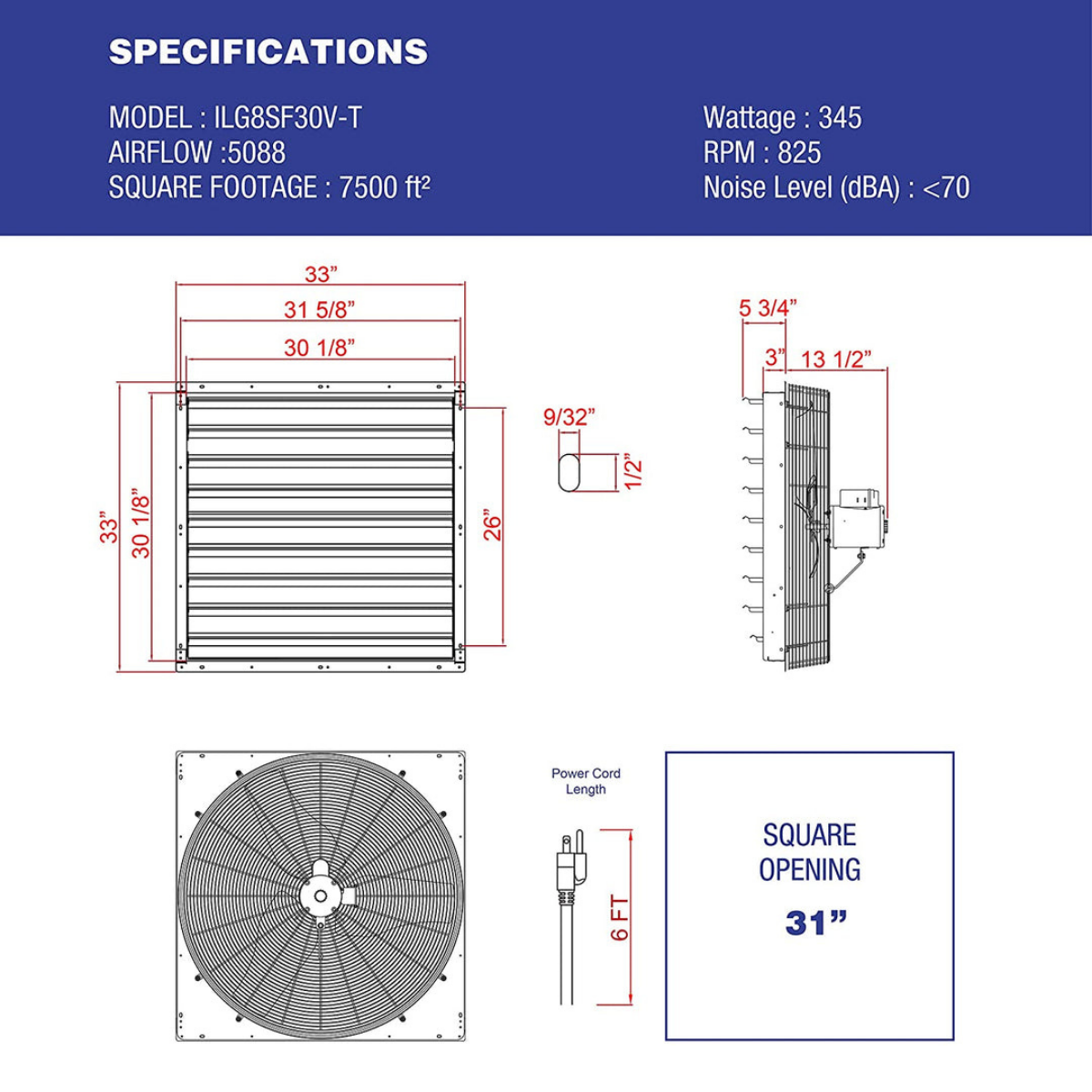 iLiving ILG8SFV-T with Speed Thermostat Control Shutter Exhaust Fan 30-in - Dimensions